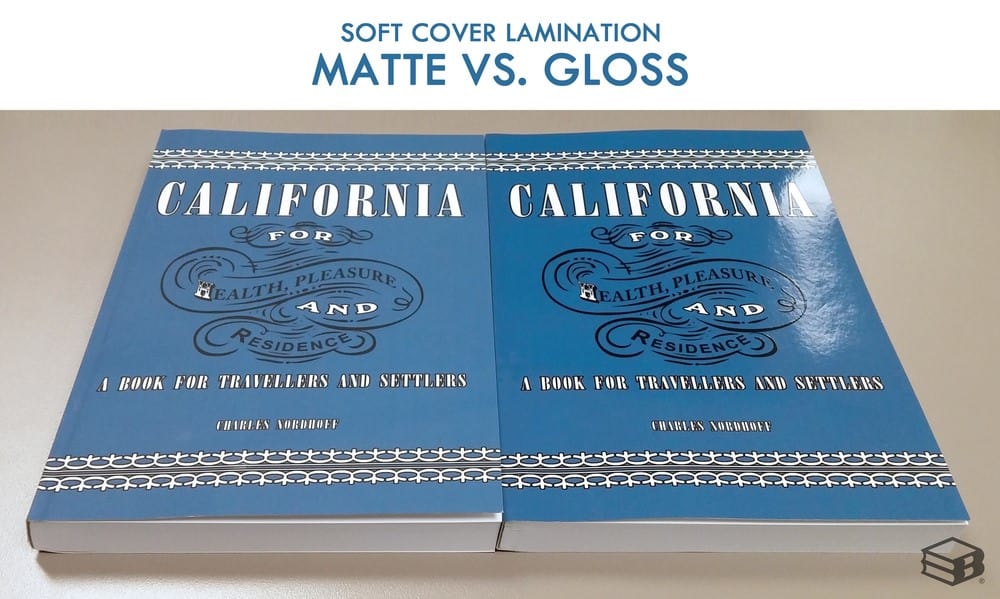 Matte versus gloss cover lamination. The matte lamination does not have a shine and the colors are muted. The gloss lamination is extra shiny and the colors are more vibrant