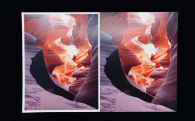 Same image side by side on black background. Once image has a white border (no full bleed) and the other prints to the edge of the page (full bleed)