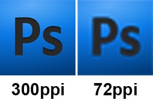 The difference of pixels between 300ppi and 72 ppi. 300ppi has a clear resolution and 72ppi is pixelated and blurry.