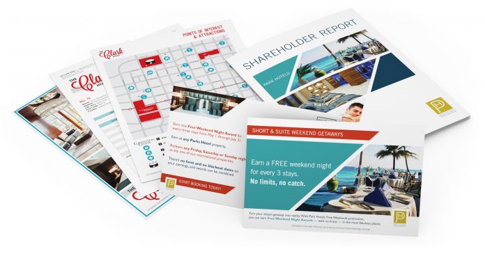 Mix of marketing brochures, postcards, and flyers