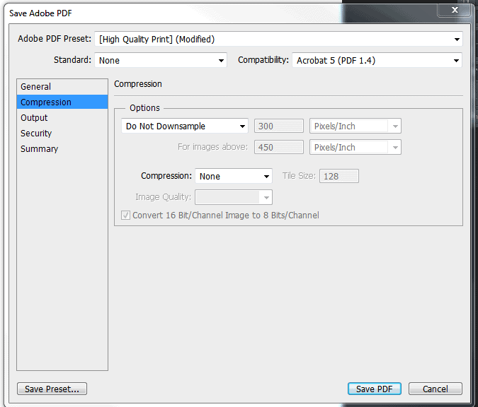 Another pop up window will appear. Choose Do Not Downsample under Compression on the left hand side