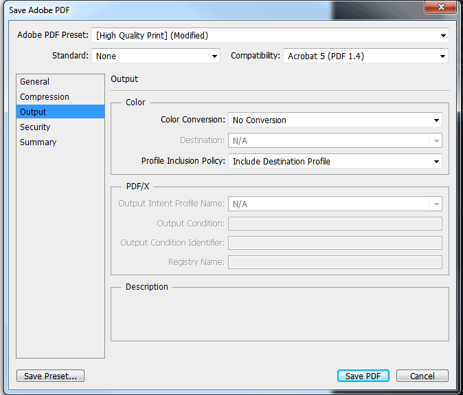 Under Output on the left of the pop up, make sure Include Destination Profile is chosen for Include Destination Profile