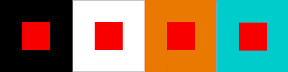 Red square in the center of four color squares: black, white, orange, and blue.