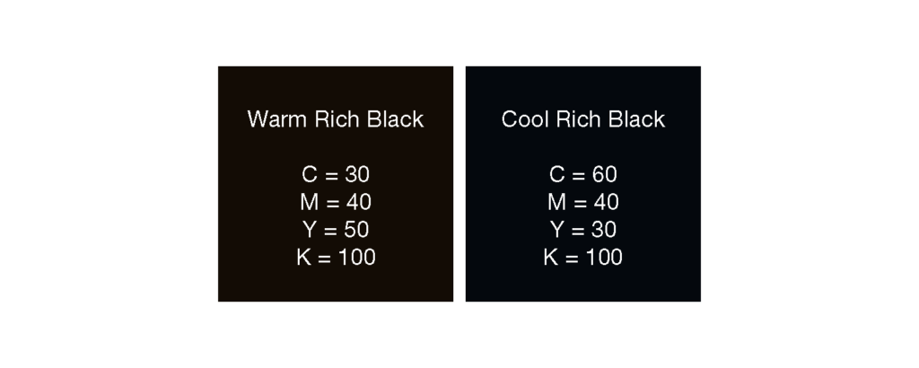 Two boxes. One designed as warm rich black = C 30, M 40, Y 50, K 100. The other box is designed as cool rich black = C 60, M 40, Y 30, K 100