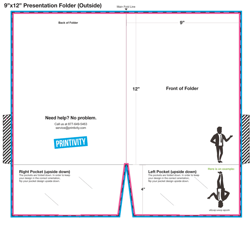 Include the outside of the pockets when designing for the front of the presentation folder