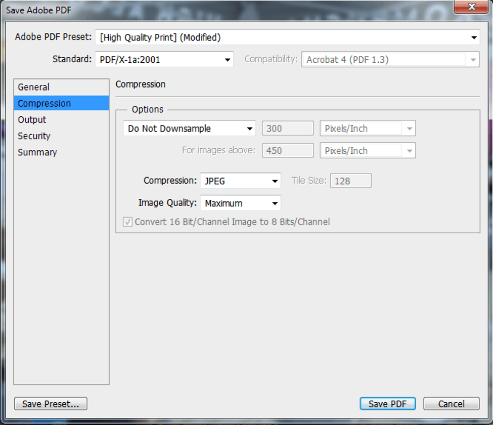 Choose PDF/X-ia under standard setting and Do No Downsample Compression when saving a Photoshop or Illustrator file to PDF.