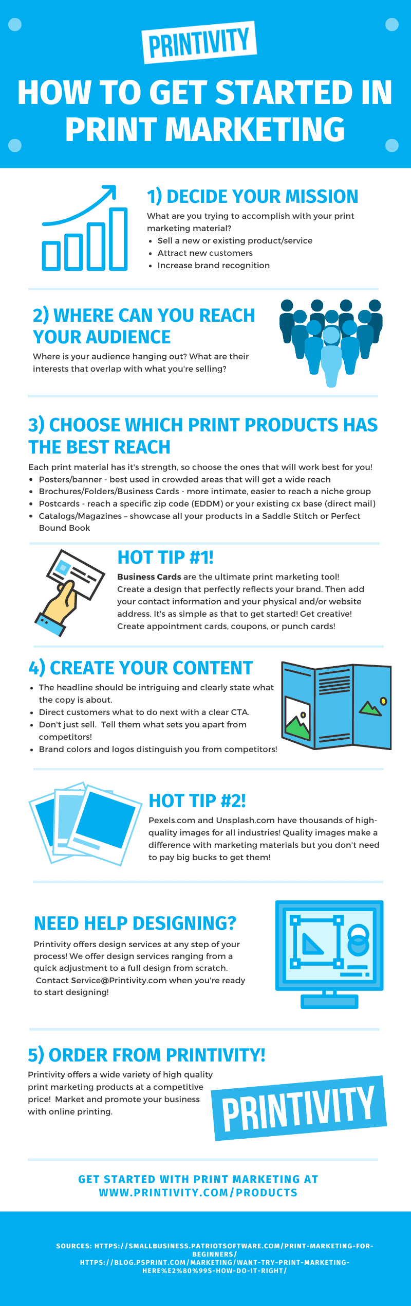 Infographic with 5 steps and 3 tips for starting print marketing.