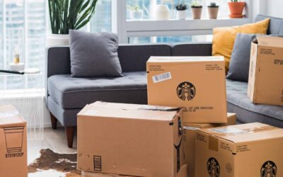 Branded shipping boxes in front of a couch