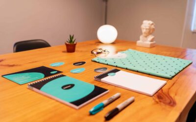 Matching branded print products organized on a table