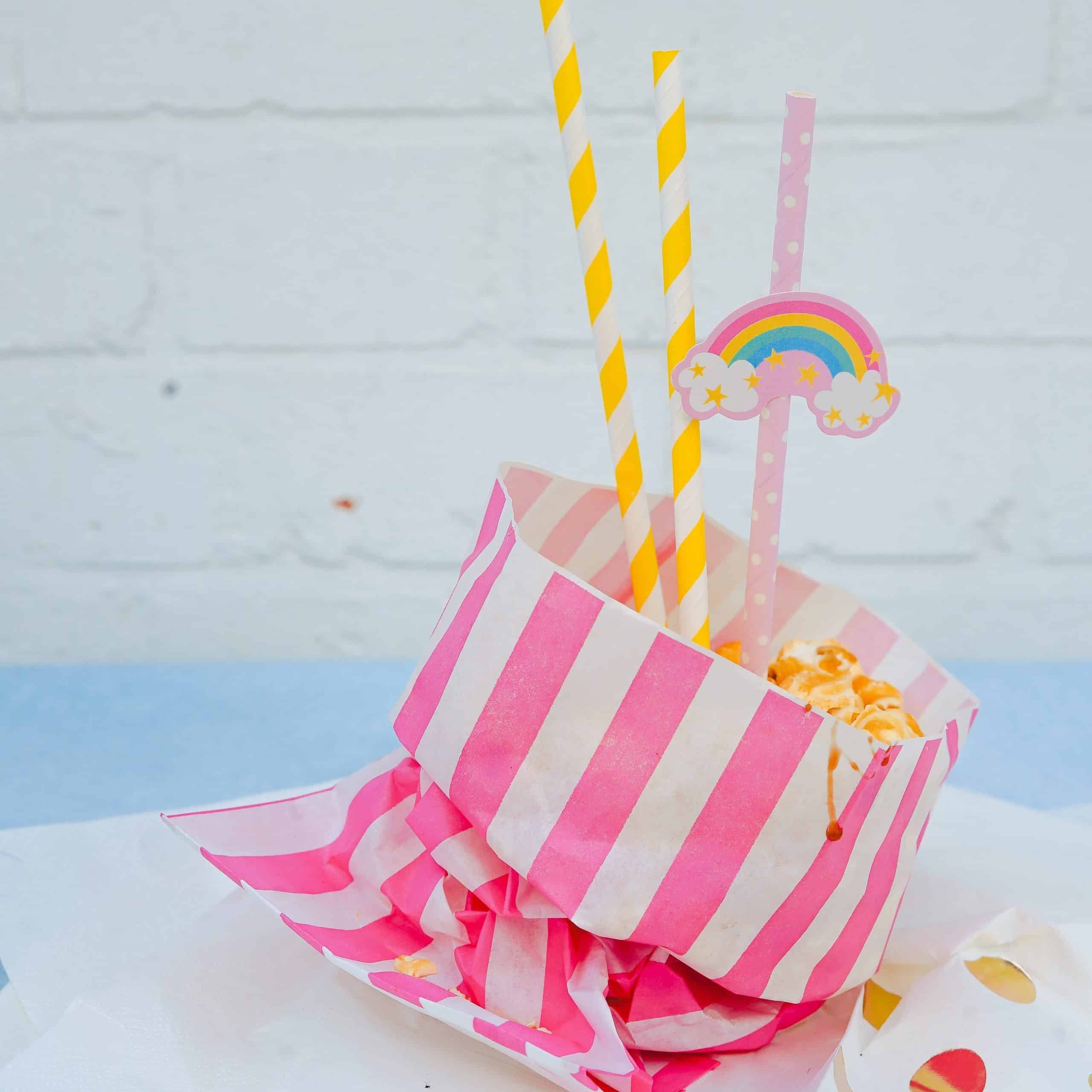 baby shower party favor popcorn bag and rainbow straw