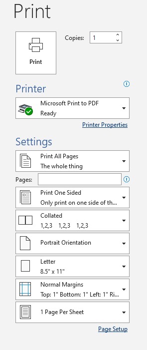 Microsoft word drop down, print collated