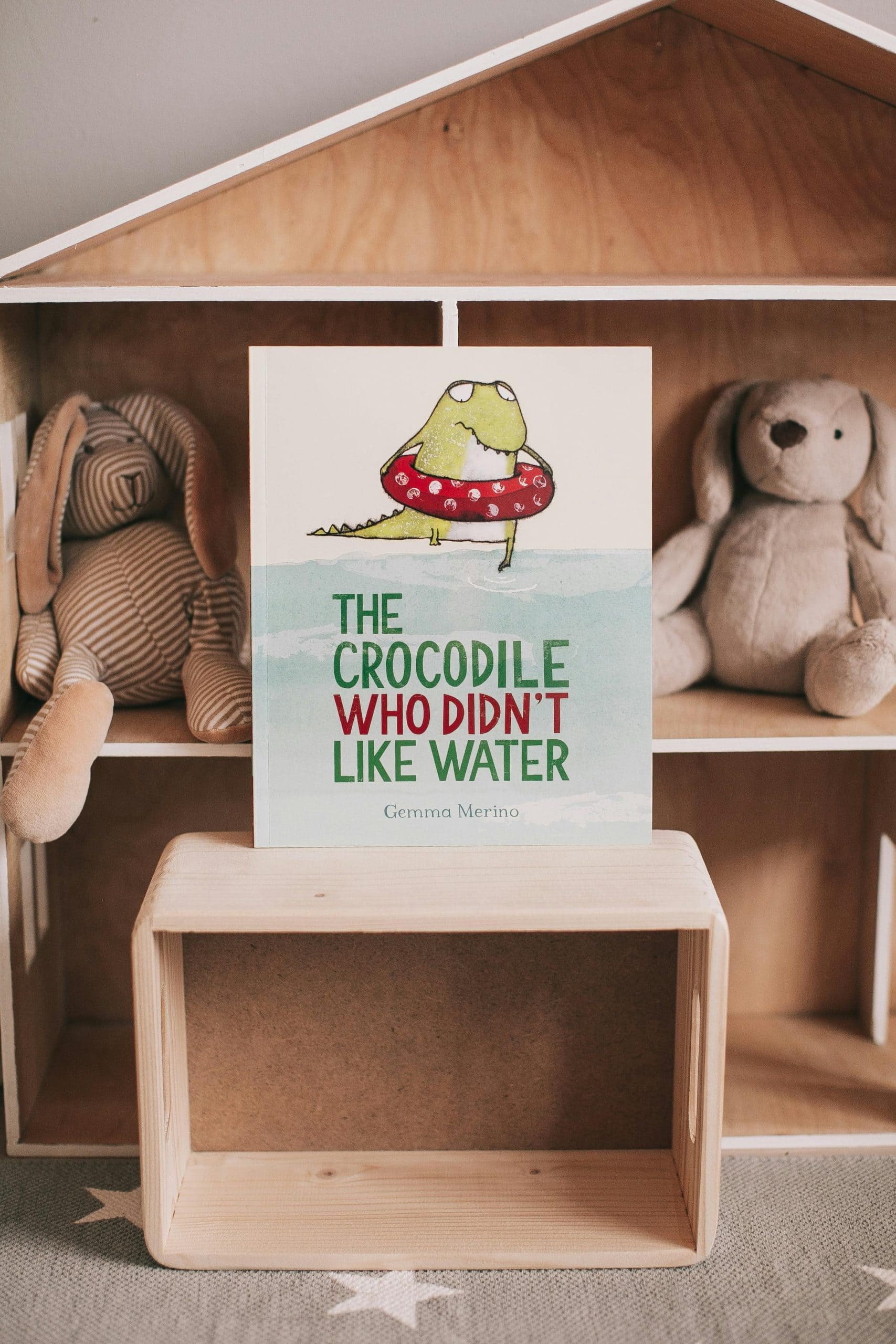 Childrens book cover image in a wooden toy area